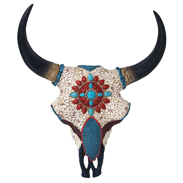 Mystic Plains Warrior Faux Gem Encrusted Cow Skull Wall Sculpture